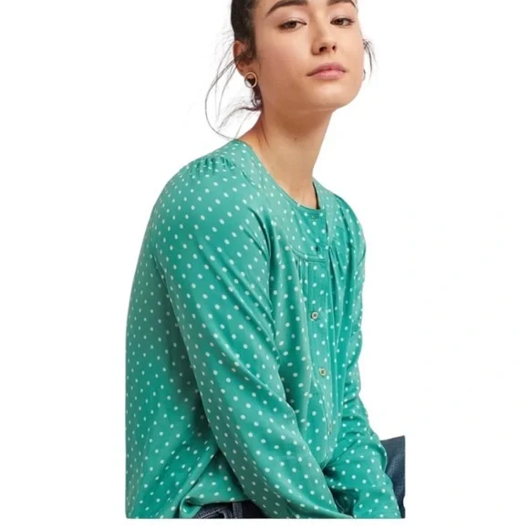 Anthropologie Maeve Teal Polka Dot Asbury Printed Button Down Blouse Size M - Picture 1 of 9